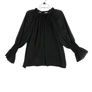 Anthropologie Mustard‎ Seed Shirt Women's Medium Black Tie Neck Blouse Sheer
